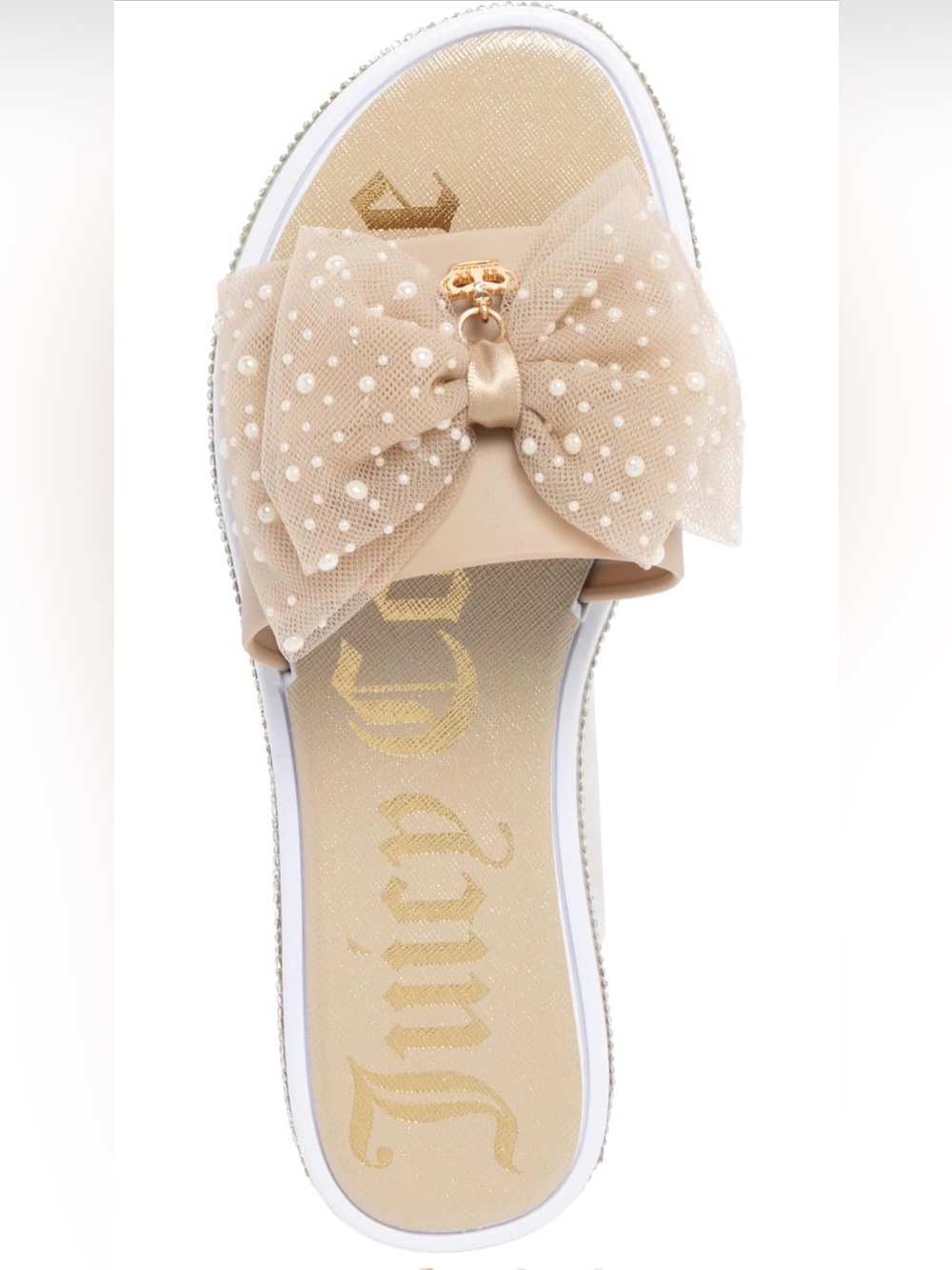 Juicy Couture nude Pearl Bow Slide Sandals